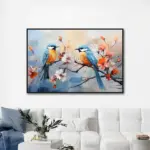 Yağlı Boya Dokulu Tablo Dalda Renkli Kuşlar Siyah Çerçeveli