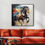 Yağlı Boya Dokulu Tablo Siyah At Siyah Çerçeveli