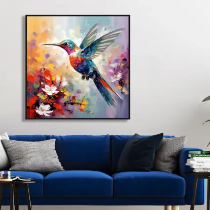 Yağlı Boya Dokulu Tablo Modern Renkli Sinek Kuşu Siyah Çerçeveli