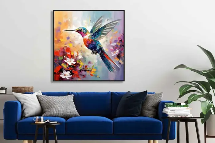 Yağlı Boya Dokulu Tablo Modern Renkli Sinek Kuşu Siyah Çerçeveli - Görsel 2
