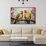 Yağlı Boya Dokulu Tablo Dalda Renkli Papağanlar Siyah Çerçeveli