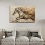 Yağlı Boya Dokulu Tablo Koşan Modern Beyaz At Altın Çerçeveli