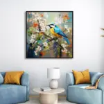 Yağlı Boya Dokulu Tablo Dalda Renkli Kuş Siyah Çerçeveli