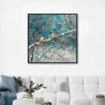 Yağlı Boya Dokulu Tablo Karlı Havada Dalda Kuşlar Siyah Çerçeveli