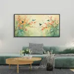 Yağlı Boya Dokulu Tablo Bahar Çiçekleri ve Sinek Kuşları Siyah Çerçeveli