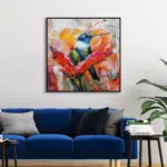 Yağlı Boya Dokulu Tablo Modern Renkli Sinek Kuşu Siyah Çerçeveli