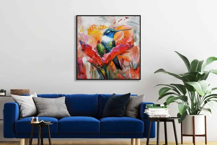 Yağlı Boya Dokulu Tablo Modern Renkli Sinek Kuşu Siyah Çerçeveli - Görsel 2