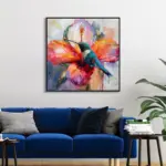 Yağlı Boya Dokulu Tablo Modern Renkli Sinek Kuşu Siyah Çerçeveli