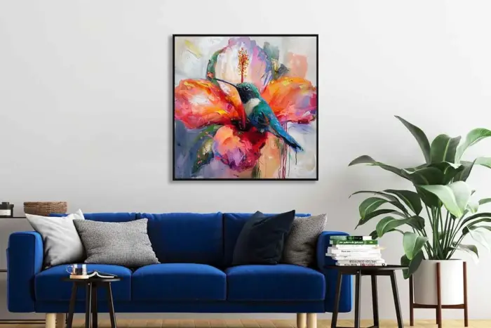 Yağlı Boya Dokulu Tablo Modern Renkli Sinek Kuşu Siyah Çerçeveli - Görsel 2