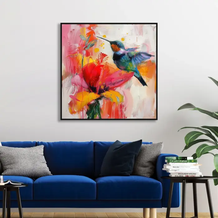 Yağlı Boya Dokulu Tablo Modern Renkli Sinek Kuşu Siyah Çerçeveli - Görsel 1