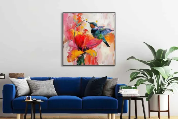 Yağlı Boya Dokulu Tablo Modern Renkli Sinek Kuşu Siyah Çerçeveli - Görsel 2