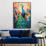 Yağlı Boya Dokulu Tablo Modern Renkli Tavus Kuşu Siyah Çerçeveli