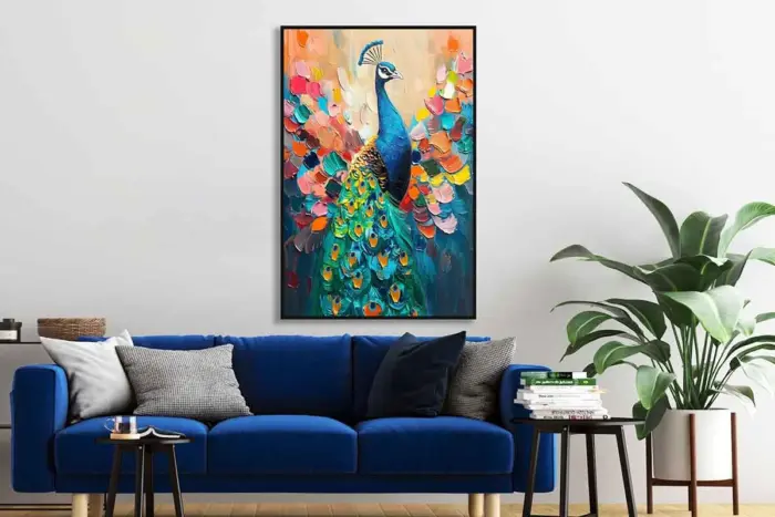 Yağlı Boya Dokulu Tablo Modern Renkli Tavus Kuşu Siyah Çerçeveli - Görsel 2