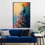 Yağlı Boya Dokulu Tablo Modern Renkli Tavus Kuşu Siyah Çerçeveli