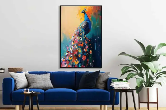 Yağlı Boya Dokulu Tablo Modern Renkli Tavus Kuşu Siyah Çerçeveli - Görsel 2