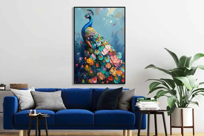 Yağlı Boya Dokulu Tablo Modern Renkli Tavus Kuşu Siyah Çerçeveli - Görsel 2