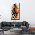 Yağlı Boya Dokulu Tablo Koşan Kahverengi Dikey At Siyah Çerçeveli