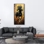 Yağlı Boya Dokulu Tablo Koşan Siyah At Siyah Çerçeveli