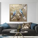 Yağlı Boya Dokulu Tablo Dalda Mavi Kuşlar Altın Çerçeveli