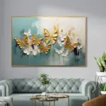 Yağlı Boya Dokulu Tablo Mavi Fonda Kelebekler Altın Çerçeveli