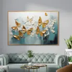 Yağlı Boya Dokulu Tablo Mavi Fonda Kelebekler Altın Çerçeveli