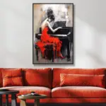 Yağlı Boya Dokulu Tablo Kırmızı Elbiseli Piyano Çalan Kadın Siyah Çerçeveli