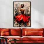 Yağlı Boya Dokulu Tablo Modern Kırmızı Elbiseli Sırtı Dönük Kadın Siyah Çerçeveli