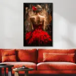 Yağlı Boya Dokulu Tablo Modern Kırmızı Elbiseli Sırtı Dönük Kadın Siyah Çerçeveli