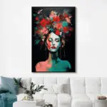 Yağlı Boya Dokulu Tablo Modern Çiçek Saçlı Kadın Siyah Çerçeveli