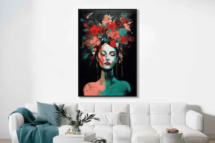 Yağlı Boya Dokulu Tablo Modern Çiçek Saçlı Kadın Siyah Çerçeveli - Görsel 2
