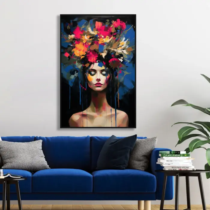 Yağlı Boya Dokulu Tablo Modern Çiçek Saçlı Kadın Siyah Çerçeveli - Görsel 1