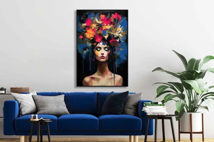 Yağlı Boya Dokulu Tablo Modern Çiçek Saçlı Kadın Siyah Çerçeveli - Görsel 2