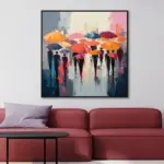 Yağlı Boya Dokulu Tablo Yürüyen Şemsiyeli İnsanlar Siyah Çerçeveli