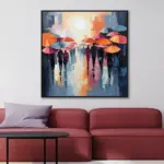 Yağlı Boya Dokulu Tablo Yağmurda Renkli Şemsiyeli İnsanlar Siyah Çerçeveli