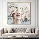 Yağlı Boya Dokulu Tablo Kadın ve Beyaz Çiçekler Altın Çerçeveli