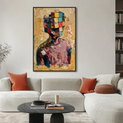 Yağlı Boya Dokulu Tablo Küpler Modern Portre Siyah Çerçeveli