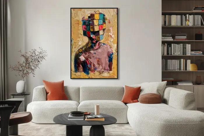 Yağlı Boya Dokulu Tablo Küpler Modern Portre Siyah Çerçeveli - Görsel 2