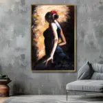 Yağlı Boya Dokulu Tablo Siyah Elbiseli İspanyol Dansçı Kadın Altın Çerçeveli