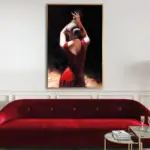 Yağlı Boya Dokulu Tablo Kırmızı Elbiseli İspanyol Dansçı Kadın Altın Çerçeveli