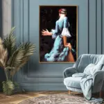 Yağlı Boya Dokulu Tablo Mavi Elbiseli İspanyol Dansçı Kadın Altın Çerçeveli