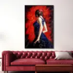 Yağlı Boya Dokulu Tablo Mavi Elbiseli İspanyol Dansçı Kadın Siyah Çerçeveli