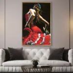 Yağlı Boya Dokulu Tablo Kırmızı Elbiseli İspanyol Dansçı Kadın Altın Çerçeveli