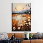 Yağlı Boya Dokulu Tablo Modern Doğa Manzarası Siyah Çerçeveli