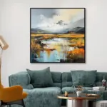 Yağlı Boya Dokulu Tablo Soyut Manzara Siyah Çerçeveli