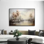 Yağlı Boya Dokulu Tablo Sisli Sonbahar Manzarası Siyah Çerçeveli