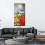 Yağlı Boya Dokulu Tablo Soyut Köy Evi Manzarası Siyah Çerçeveli