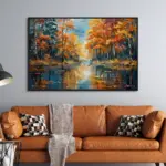 Yağlı Boya Dokulu Tablo Sonbahar Ağaçları Manzara Siyah Çerçeveli