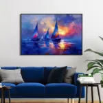 Yağlı Boya Dokulu Tablo Modern Denizde Yelkenliler Siyah Çerçeveli