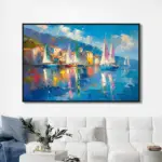 Yağlı Boya Dokulu Tablo Kıyıda Yelkenliler Siyah Çerçeveli