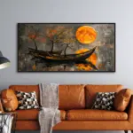 Yağlı Boya Dokulu Tablo Modern Güneş ve Gondollar Siyah Çerçeveli